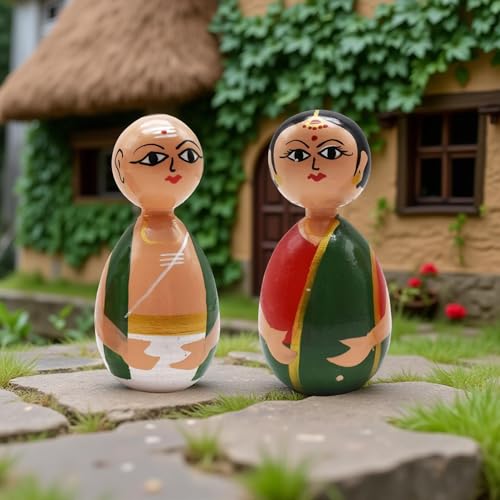 Image of Channapatna Wooden Decorative Dolls, Traditional Indian Art, Hand-Painted Figurines, Set of 2