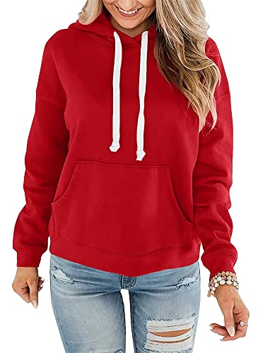 STOLKISS Hoodies Pullover for Women Casual Thin Sweatshirts Tops Loose Fit Long Sleeve Drawstring Design Hoody Sweatshirts Red
