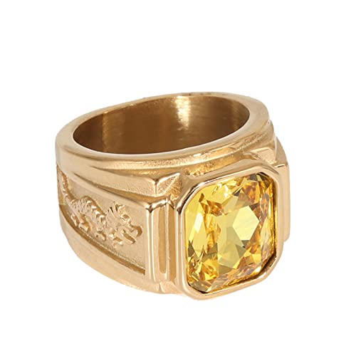 Pinky Ring Men, Anillo Hombre Inoxidable Anillo Dragón con Zirconia Cúbica Amarilla Anillo Circonita Hombre Talla 25