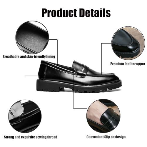 Men's Slip on Lug Sole Casual Loafers,Fashion Round Toe Platform Anti-Slip Comfort Dress Shoes Retro Business Formal Leather Penny Loafers for Men2