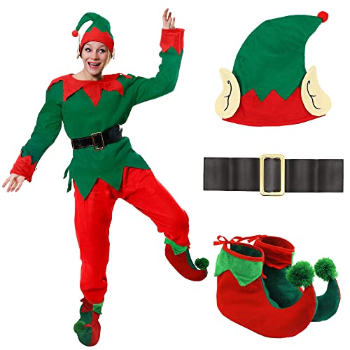 DISFRAZ DE ELFO PARA ADULTOS DISFRAZ NAVIDEÑOS - TÚNICA VERDE ELFO DESCARADO + PANTALÓN ROJO + CINTURÓN NEGRO + SOMBRERO CON OREJAS + ZAPATOS DE LUJO POM POM ELF - MEDIANO EUR 40-42