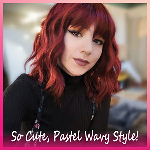 Yeame Short Wavy Red Bob Wig With Bangs, Realistic Colored Fun Shoulder Medium Length Red Wigs For Women, Premium Synthetic Wine Red Wig With Bangs Cosplay #TOP2
