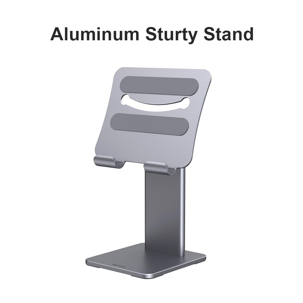 Qwiizlab Soporte para escritorio, compatible con teléfono, tablet, iPad Pro/Air/Mini, inclinación ajustable de 80°, hecho de aleación de aluminio (gris espacial)