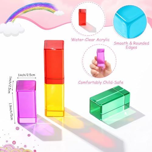 Image of Meooeck 16 Pcs Rainbow Rectangular Acrylic Blocks, Translucent Colored Gem Blocks Building Stacking Sensory Train Prims Toys for Toddler Kids Montessori School Classroom Supplies