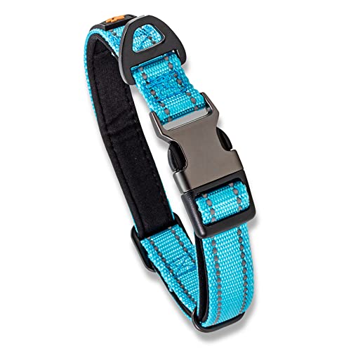 Blue Dog Collar Large Dogs Strong Reflective Adjustable Padded Dogs Collars - Aluminium V-ring Dog Safety