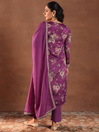 Image of Libas Womens Printed Silk Blend Straight Kurta With Palazzos and Dupatta | daily wear suit