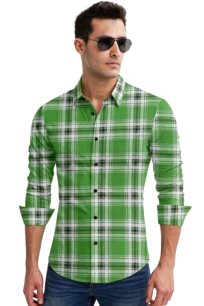 Men's Green Checked Casual Cotton Blend Shirt | Full Sleeve Regular Fit Plaid Check Shirt for Men-image-3