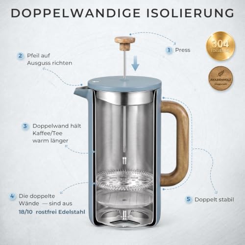 ecooe French Press Kaffeepresse 1,5 L Edelstahl Ddoppelwandig – Ansicht 3