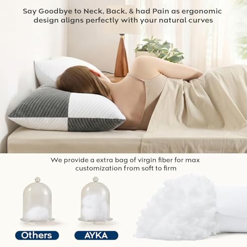 Image of AYKA Adjustable Microfiber Sleeping Pillow | Height Adjustable Zip Pillow with Extra Fiber Fill | Soft & Fluffy Comfort | Hypoallergenic, Breathable & Washable |17x27 Inch | White & Grey | Set of 2