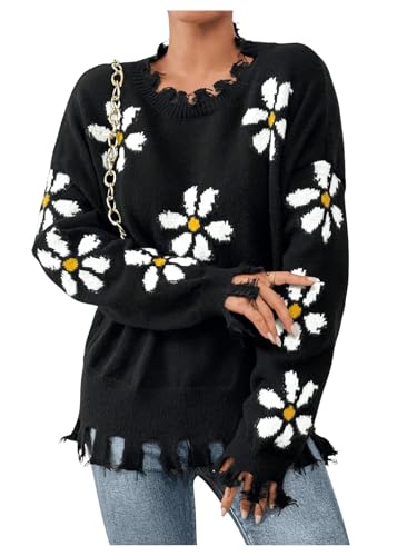 Image of SweatyRocks Women's Floral Print Sweaters Long Sleeve Ripped Crewneck Asymmetrical Hem Drop Shoulder Knit Pullover Tops Black Medium