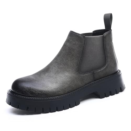 Men's Genuine Leather Chunky Platform Chelsea Dress Boots Luxury Round Toe lug sole Slip-On Outdoor Non Slip Shock Work Ankle Boots