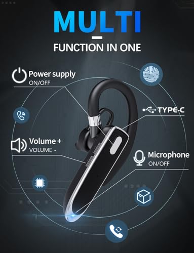Oreillette Bluetooth à une oreille avec Bluetooth 6.1, casque Bluetooth pour 100 heures de veille, batterie 800 mAh, casque sans fil avec micro, casque Bluetooth pour conduite, travail, camionneur – vue 3