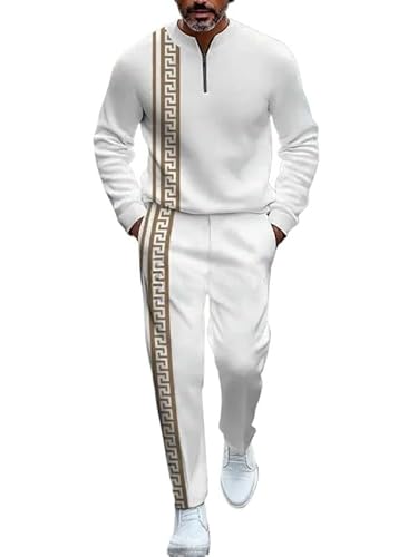 Men's running pants two-piece set, fashionable round neck half zipper 3D printed set (1,M)
