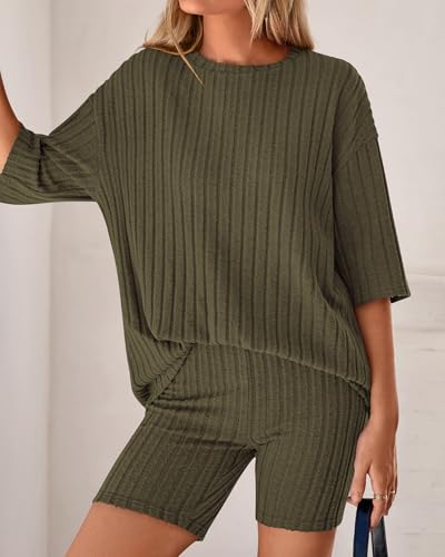 KIRUNDO Short Sets For Women Summer 2 Piece Matching Lounge Sets Casual Rib Knit Tshirts Biker Shorts Beach Vacation Outfits (Army Green, Large) — view 6