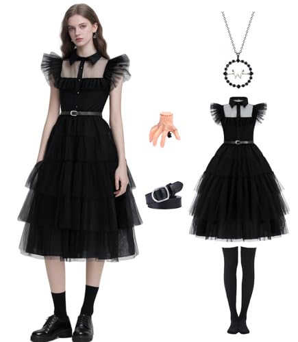 Enenblau Gothic Ballkleid Damen Schwarz, Mehrlagiges Tüll Abendkleid, Halloween Party Outfit Set mit Accessoires Kniestrümpfe, Kette, Haarspange...