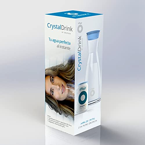 dropson - Jarra con Filtro - Modelo CrystalDrink - Jarra de Agua de Cristal 1L con Tapa en Color Azul + Filtro de Agua para Grifo, Lata Filtrante 300 litros