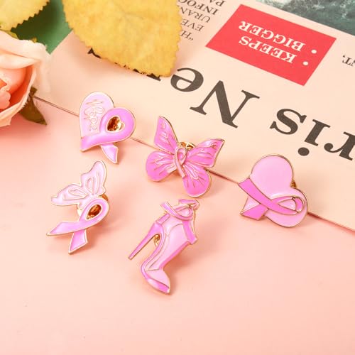 Image of Breast Cancer Awareness Pins for Women Enamel Pink Ribbon Lapel Pins Fight Breast Cancer Brooches Heart Hope Butterfly Brooch Pins Breast Cancer Awareness Jewelry Accessories Outfits