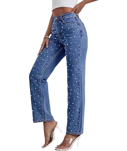 Sexyshine Women's Pearl Jeans High Waist Straight Wide Leg Stretchy Denim Pants(27896ZQ,2XL) Blue