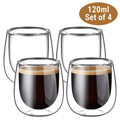 Glastal Doppelwandige Espressotassen Espresso Glaser Set Thermoglas Kaffeeglas Trinkgläser 4-teiliges 120ml (Volle Kapazität)