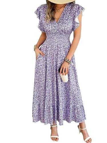 11 Best Casual Summer Dresses for Women Over 60 with Sleeves (Stylish, Cool, and Comfortable) 3 HEBELD Women’s Maxi Floral Dress - Flutter Short Sleeve Wrap V-Neck Flowing A-Line Summer Dress with Smocked Waist and Pocket, Purple Floral, Medium