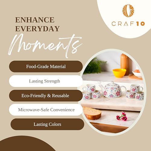 Image of CRAF10 Ceramic Handcrafted Botanic BlissTea Morning Set - 1 Kettle (1 Litre) & 6 Cups (160 ML) | Microwave & Dishwasher Safe | Teapot | Tea Sets with Kettle for Gifting