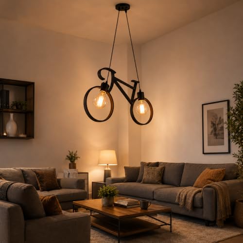 Image of Bicycle Pendant Light Fixture, Industrial Vintage Bike Chandelier, Retro Iron Hanging Ceiling Lamp with 2 E26 Sockets for Kitchen Island, Dining Room, Bar, Coffee Shop, Restaurant (Bulbs Not Included)