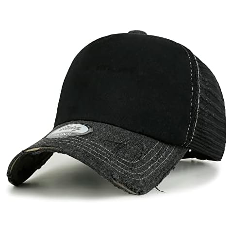 ililily Solid Color Vintage Distressed Mesh Blank Trucker Hat Baseball Cap, Black&Camo, X-Large Cover