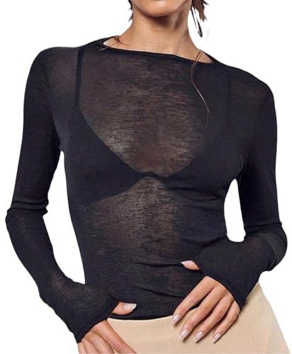 QJQ Women's Sheer Mesh Long Sleeve T Shirts Crewneck See Through Shirts Going Out Party Club Outfits