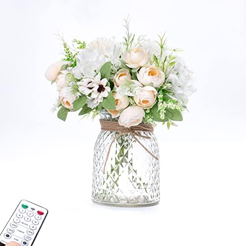 Artificial LED White Rose Flowers with Glass Vase, Remote Control Led Light, Flower Arrangement for Table Centerpiece, Home Office Wedding Decoration