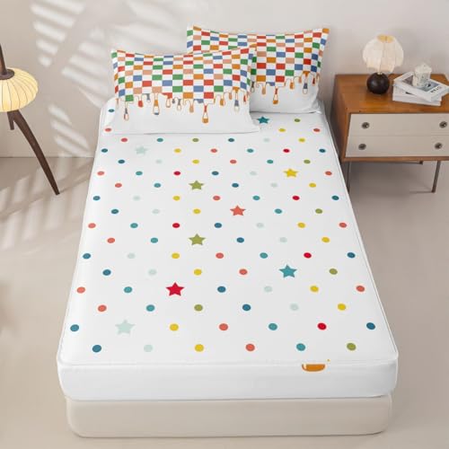 Image of Multi Checkered Complete Zip Up Bedding Set Full,4 Piece Checkerboard Drip Comforter Kit with Fitted Sheet & Pillowcases,Y2K Aesthetic Geometric All Season Bed in a Bag for Boys Girls Bedroom