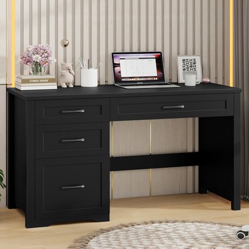 Halitaa Farmhouse 47' Executive Desk with File Drawer, Wood Computer Desk with 3 Storage Drawers, Workstation for Home Office, Study, Writing(Black)
