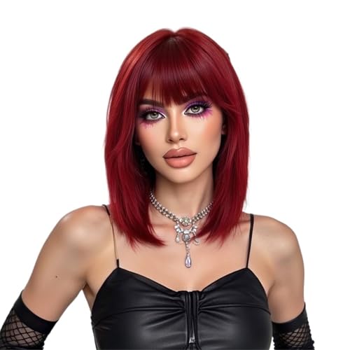 Perruque Bob courte avec frange bordeaux synthétique lisse