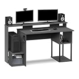 Mesa Gaming con Gancho para Auriculares, Curva pasacables, Altillo para monitores, Mesa de Ordenador para Oficinas, Escritorio, Gris, 89,5x150x67cm (Alto x Ancho x Fondo) Moderna Modelo Neru