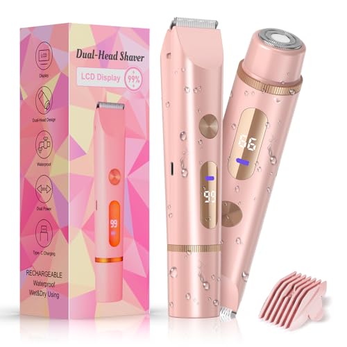 Bikini Trimmer for Women Electric Razors for Women Women's Electric Razor 2 in 1 Shaver Pubic Hair Trimmer Ipx7 Waterproof Wet Dry Use Bikini Shaver for Ladies Pubic, Legs, Face, Underarms (Pink)