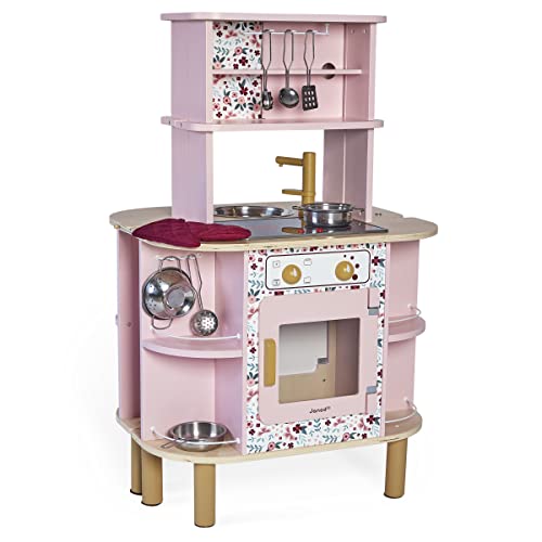 Janod - Cuisine en Bois Enfant Twist - Cuisine Recto Verso - 8 Accessoires Inclus - Four, Boutons Rotatifs, Plaque Sonore - dès 3 Ans, J06616