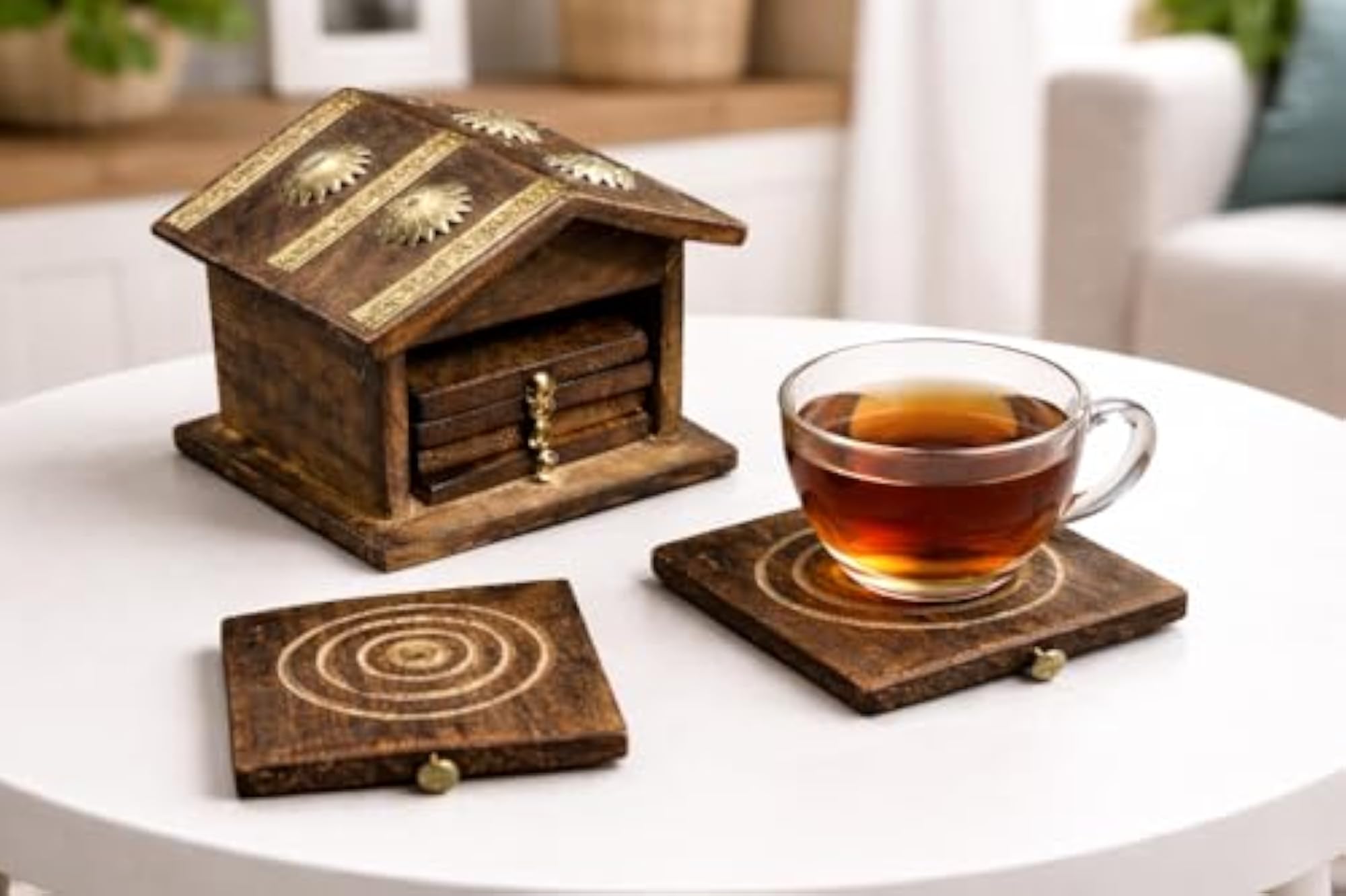 Wooden Tea Coaster Set Hut Shape Handmade Coaster Plates