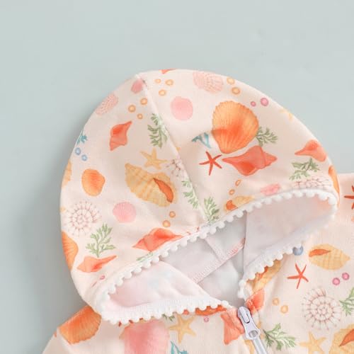 Image of Girls Hooded Terry Coverups Zip Up One Piece Swimsuits Sea Animals Print Short Sleeve Ruffle Swim Cover Up Swimwear (Orange Shell, 5-6 Years)