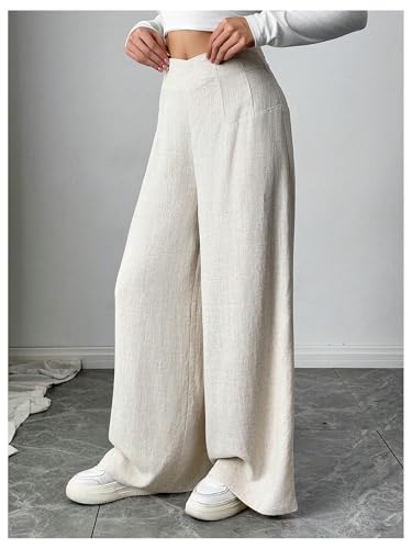MakeMeChic Women's Summer Linen Pants Vacation High Waisted Wide Leg Palazzo Trousers4