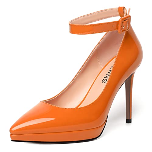 WAYDERNS Womens Platform Fashion Patent Ankle Strap Evening Pointed Toe Buckle Stiletto High Heel Pumps Shoes 4 Inch