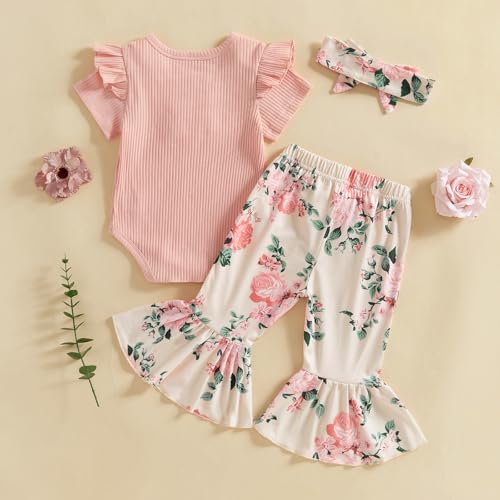 Baby Girl Summer Clothes Ruffle Sleeve Romper Jumpsuit Toddler Bell Bottoms Floral Pants Set 3Pcs Headband Outfit4