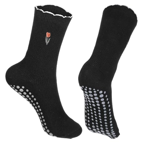 Cute Non-Slip Grip Pilates Yoga Socks, Women's Cute Ballet Socks with Ruffle Cuff Embroidery Design