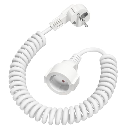 Schuko Verlängerungskabel 2M Verlängerungskabel Spiral Kabel Dehnbar von 0.7M auf 2M Max 250V/16A Schutzkontakt Spiralverlängerung für Zuhause Büro Außenbereich Weiß