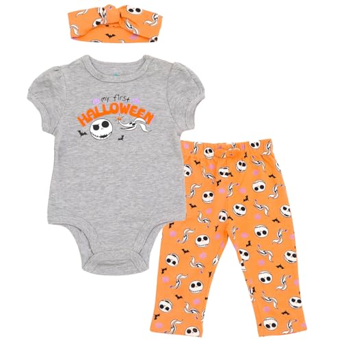 Image of Disney My First Halloween Baby Girls Bodysuit, Pants and Headband 3 Piece Outfit Set Newborn to Infant Sizes (0-24 Months)