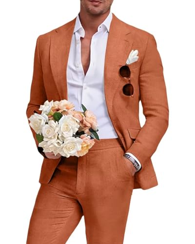 Image of Men's Linen Suit 2 Piece Slim Fit Summer Beach Wedding Prom Party | Breathable,Linen Blazer Suit Set,for Beach Weddings,Groom Wear,Prom and Outdoor Parties,Business Casual,Vacation Daily Wear