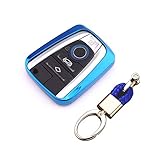 Royalfox(TM Luxury Soft TPU Smart 4 Buttons Key Fob case Cover for BMW i3 i8 2014 2016 2017 with Keychain Key Ring BMW i Key Cover (Blue)