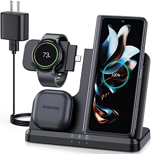 Samsung Wireless Charger, Metmoon 3 in 1 Samsung Charging Station for Galaxy S23 S22 S21 S20 Ultra FE/Note 20 10 9/Z Flip Fold Series, Galaxy Watch 5 Pro/5/4/3/Active 2/1, Buds+/Pro/Live(With Adapter)