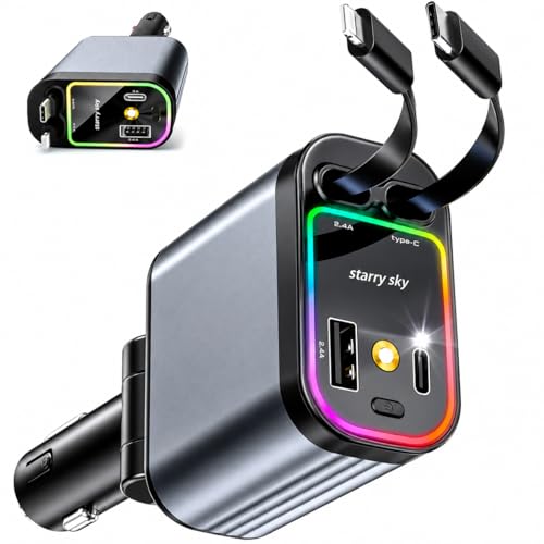 120W Fast Charging Retractable Car Charger 4-in-1, Built-in Type-C and Lightning Cables, USB-C/USB Adapter with Starry Sky Projector Night Light, Compatible with iPhone 16/15/14, Samsung Galaxy
