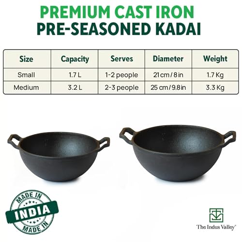 The Indus Valley Pre-Seasoned Cast Iron Kadai with Curved Handle | Medium, 25cm/9.8inch, 3.2Ltr, 3.3kg | Induction Friendly | Naturally Nonstick... - Image 4