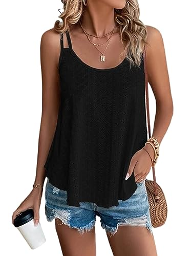Photo 1 of Hdieso Womens Tank Tops 2023 Summer Eyelet Embroidery Shirts Sleeveless Casual Loose Fit U-Neck Basic Top Large Black