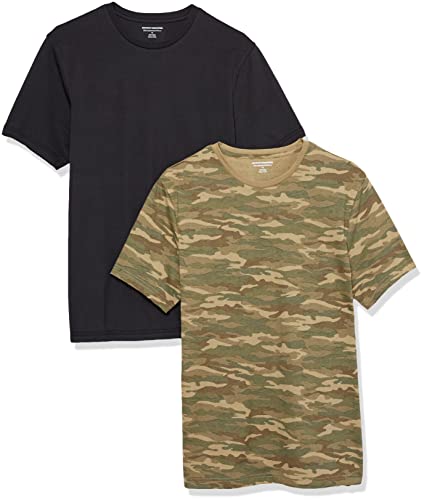 Amazon Essentials Camiseta de Manga Corta, Cuello Redondo y Corte Ajustado Hombre, Pack de 2, Negro/Verde Estampado de Camuflaje, XL